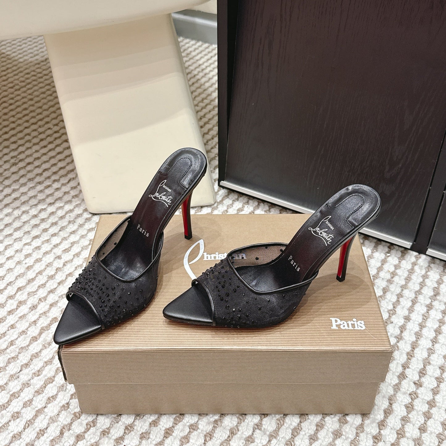 CL 26SS High-Heeled Slippers 100 Black Mesh Rhinestone Leather 658054