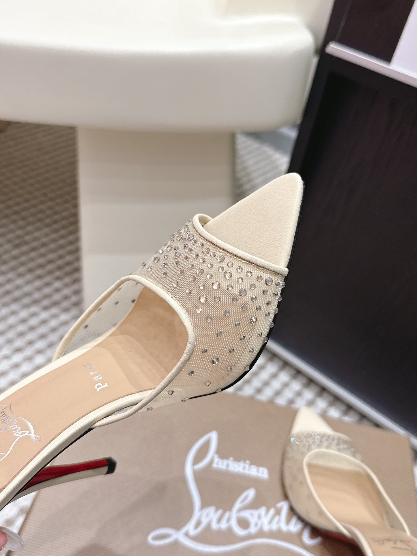 CL 26SS High-Heeled Slippers 100 Beige Mesh Rhinestone Leather 658055