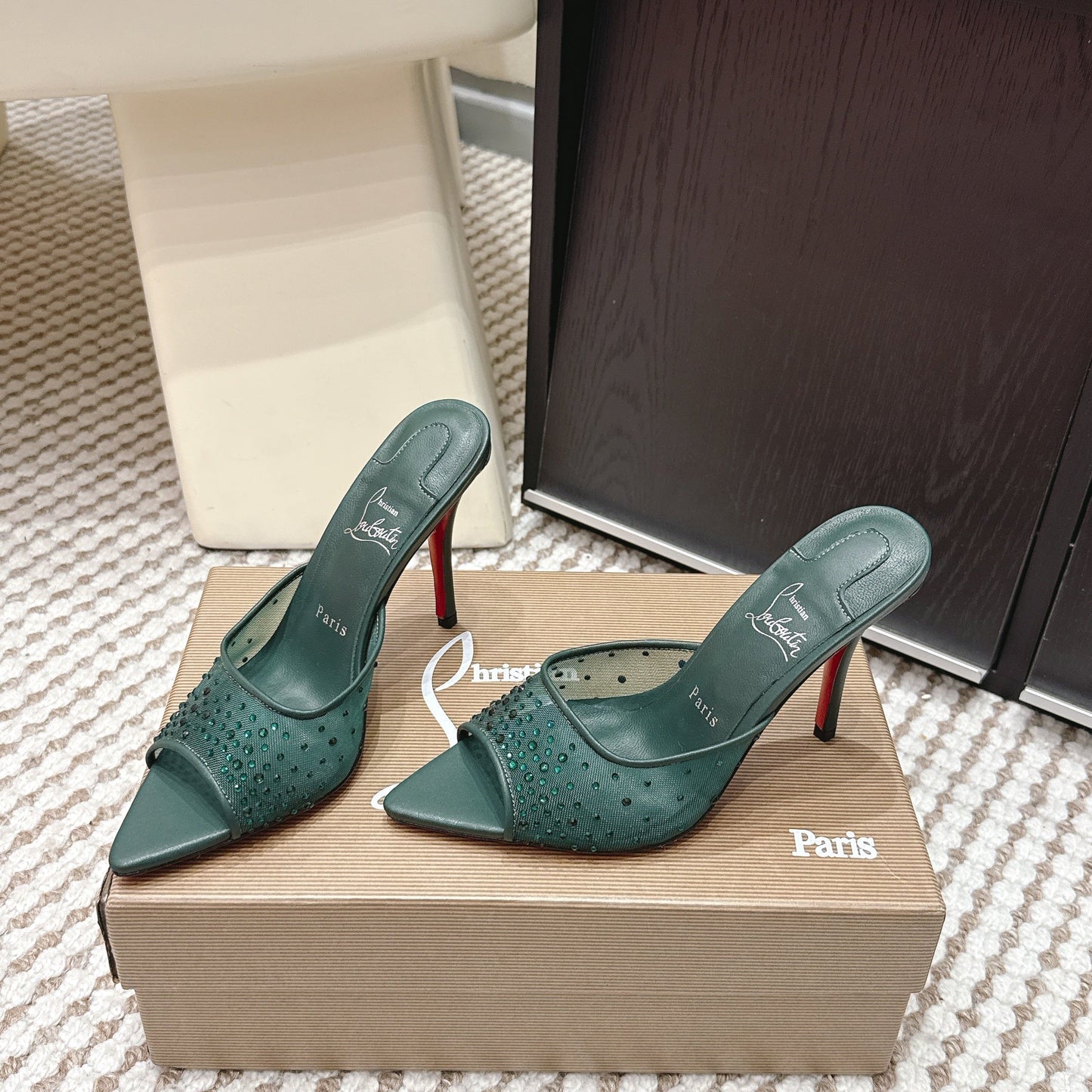 CL 26SS High-Heeled Slippers 100 Emerald Green Mesh Rhinestone Leather 658056