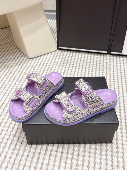 CC 26s Sandals Purple Beige Leather Raffia 632395