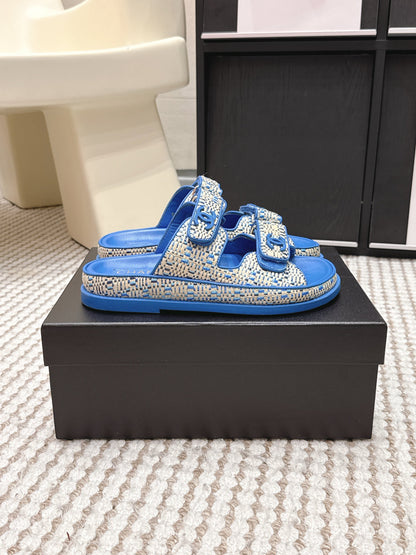 CC 26s Sandals Blue Beige Leather Raffia 632398