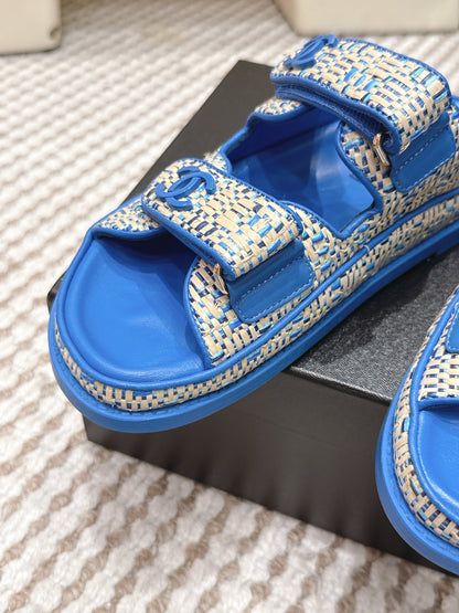 CC 26s Sandals Blue Beige Leather Raffia 632398