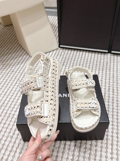 CC 26s Sandals Beige Leather Raffia 632399