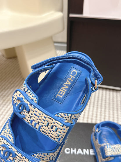CC 26s Sandals Blue Beige Leather Raffia 632401