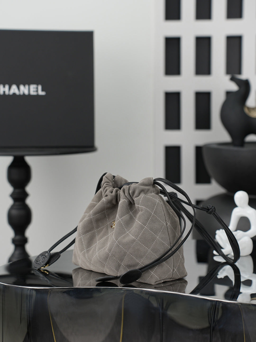 Chanel 26 Drawstring Bag Charcoal Gray Suede Leather