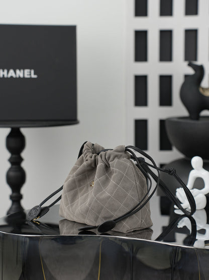 Chanel 26 Drawstring Bag Charcoal Gray Suede Leather