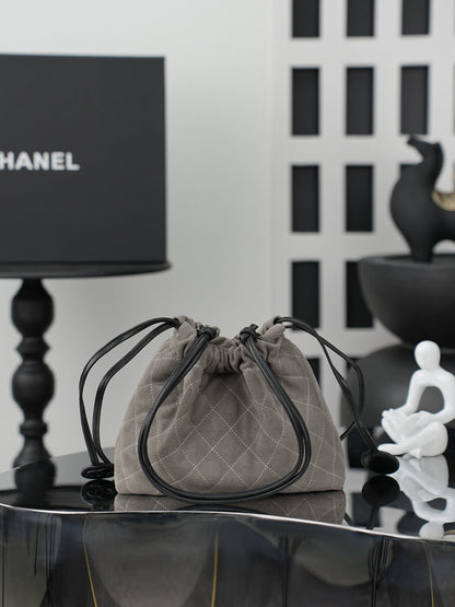 Chanel 26 Drawstring Bag Charcoal Gray Suede Leather