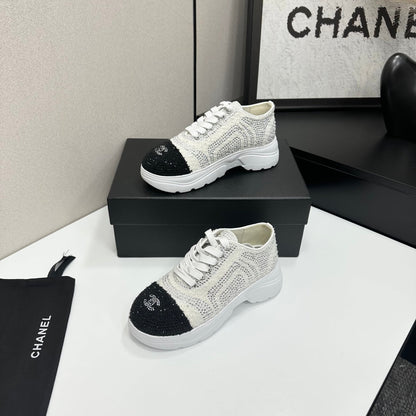 CC 26s Casual Sneakers Rhinestones Ivory Black Mesh Sheepskin 626361