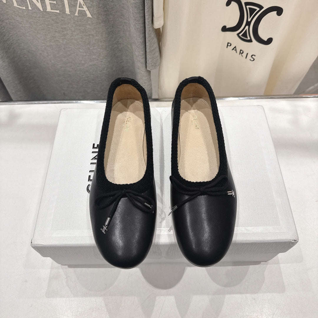 Celine 26s Ballet Flats In Black Calfskin With Bow