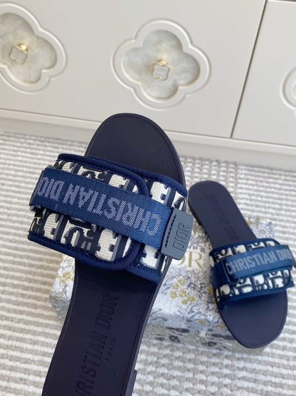 CD 26s Flat Slippers Navy Blue Monogram Canvas Rubber 648133