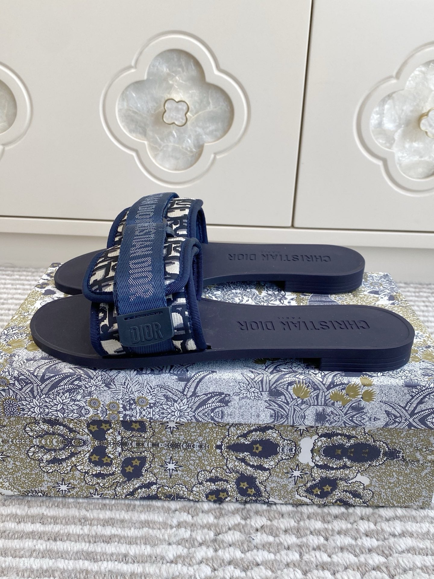 CD 26s Flat Slippers Navy Blue Monogram Canvas Rubber 648133