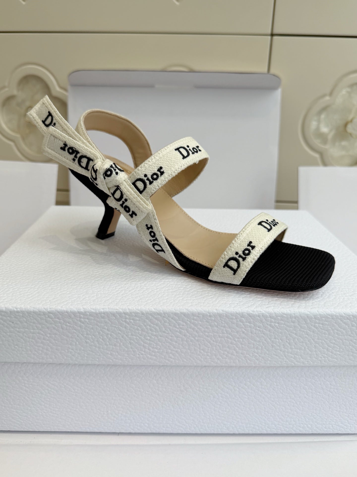 Dior 2026 Strappy High-heeled Sandal Black White Embroidered Cotton Leather 717870
