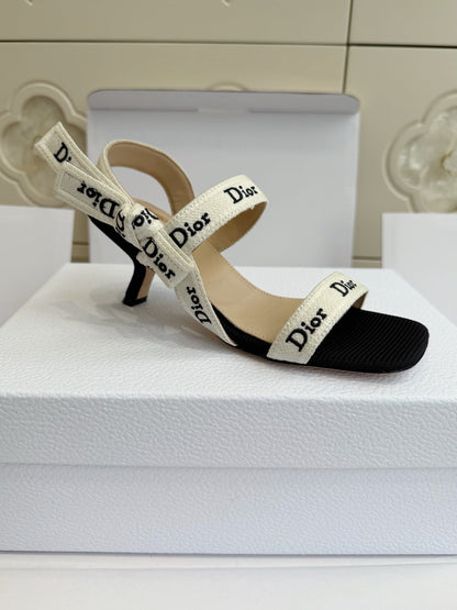Dior 2026 Strappy High-heeled Sandal Black White Embroidered Cotton Leather 717870
