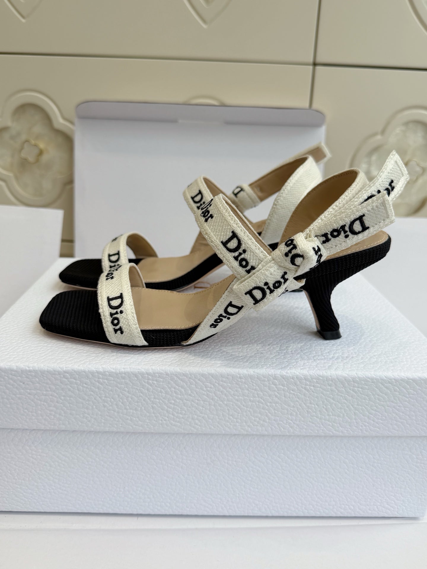 Dior 2026 Strappy High-heeled Sandal Black White Embroidered Cotton Leather 717870