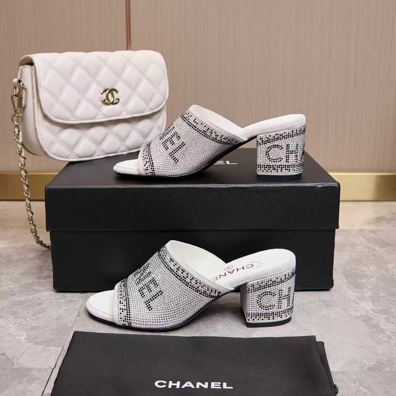 Chanel 2026 Rhinestone Mules Block Heel And Lettered Design Leather 778400
