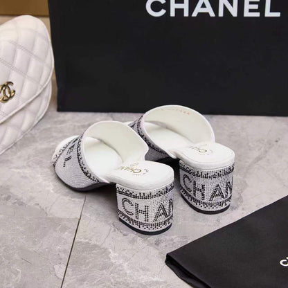 Chanel 2026 Rhinestone Mules Block Heel And Lettered Design Leather 778400