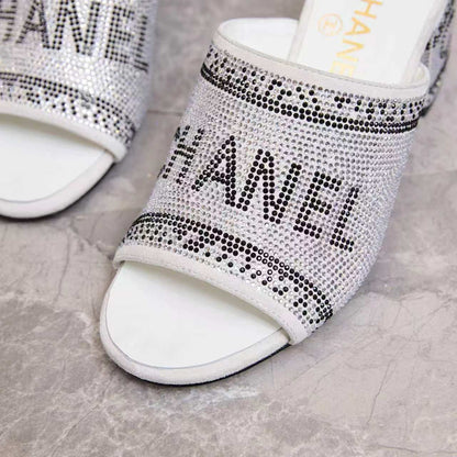 Chanel 2026 Rhinestone Mules Block Heel And Lettered Design Leather 778400