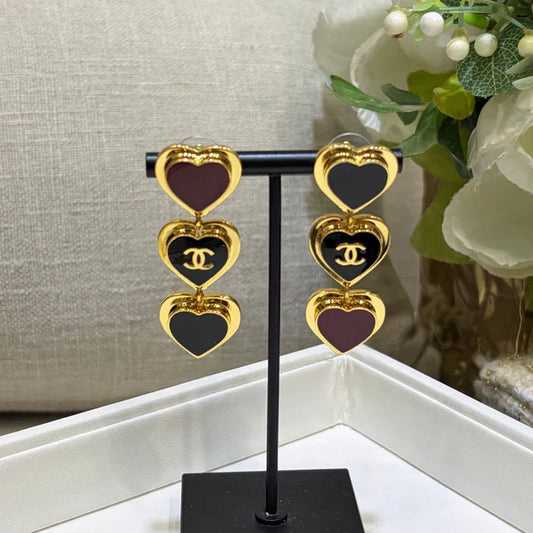 Chanel 2026 Gold Double C Black Heart Enamel Long Stud Earrings