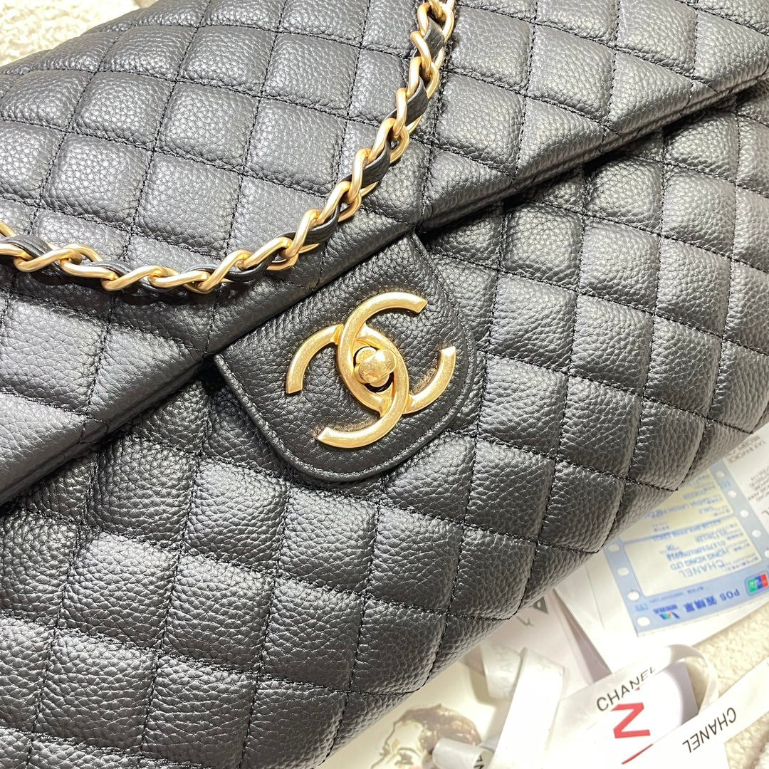 Chanel 26s Flap Bag 46 In Black Caviar Calfskin With Gold Hardware