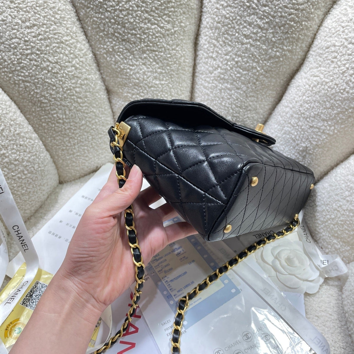 CC 25P Medium Flap Bag 25cm Top Handle Black Calfskin Gold Hardware
