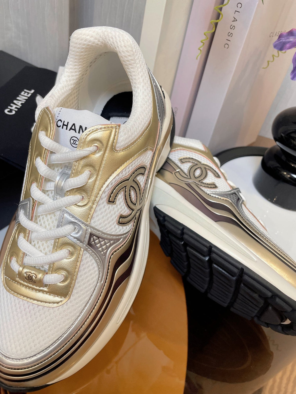 cc classic sneaker white fabric gold metalic calfskin