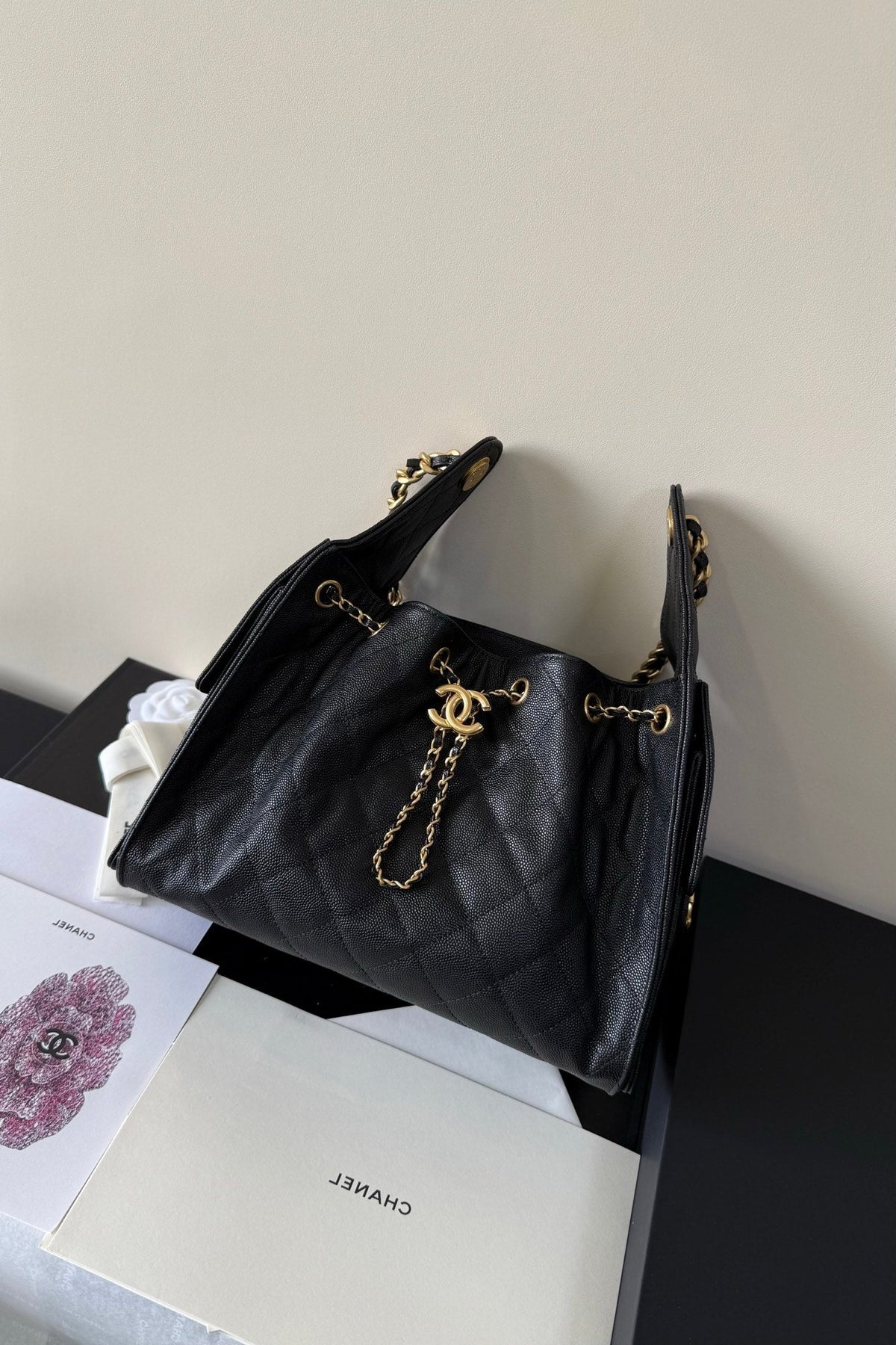 CC 25 Hobo Bag 26cm Black Grained Calfskin Leather GHW 282478