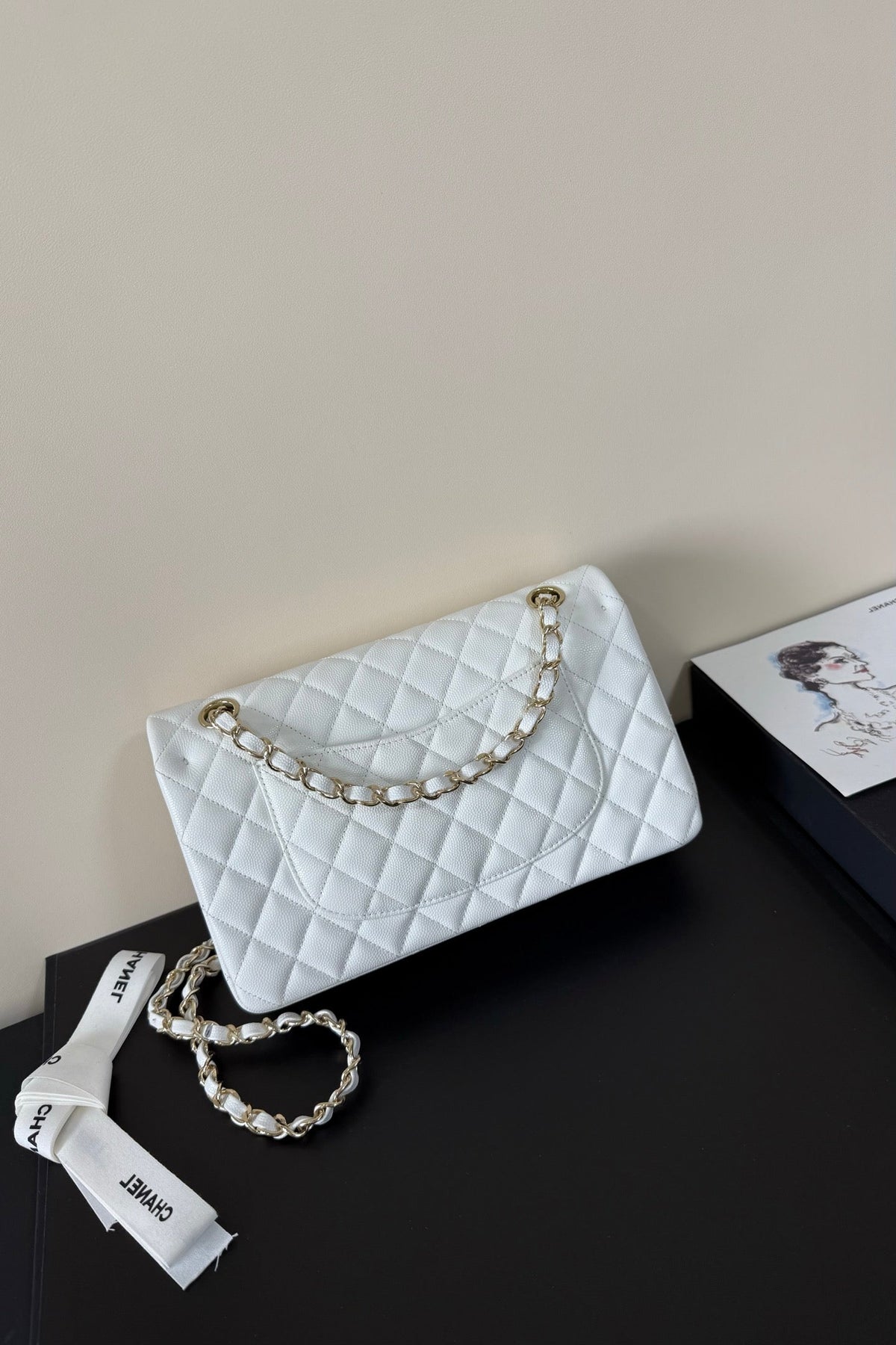 CC Classic Double Flap Bag 25cm White Caviar Leather