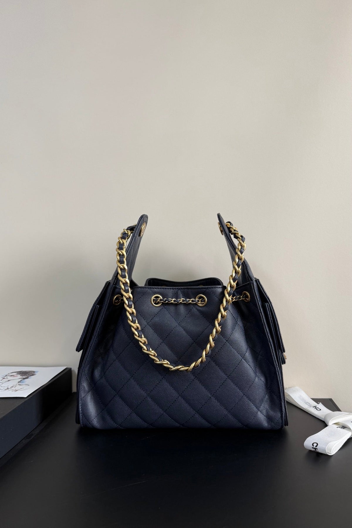 CC 25 Hobo Bag Navy Blue Grained Calfskin Leather GHW 282494