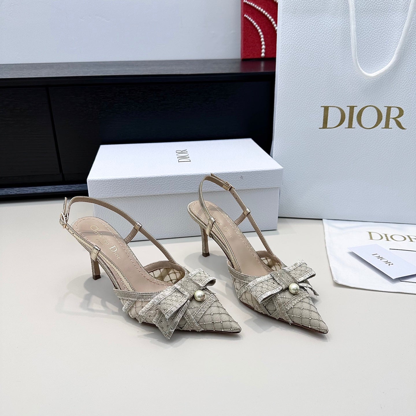CD 26 Slingback 85 Champagne Beige Mesh Leather 622213