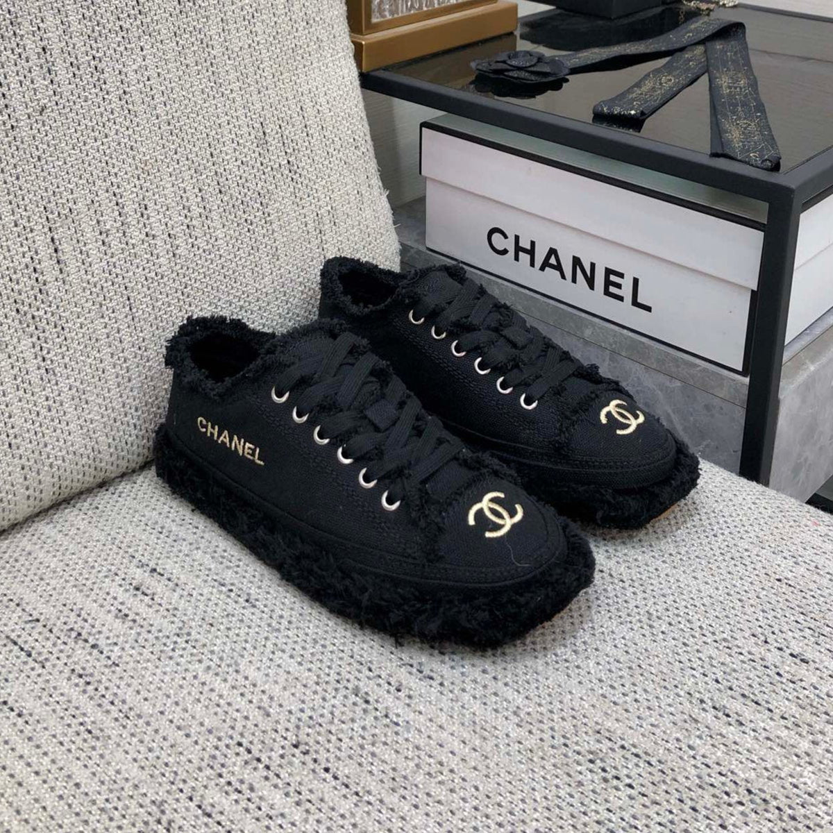 CC Sneaker Black Fringe Denim Fabric