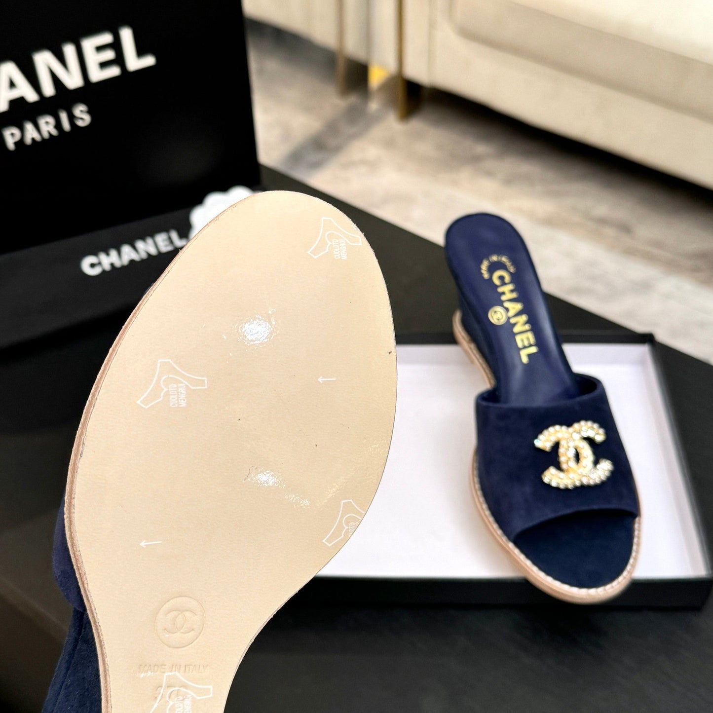 CC 2026 Wedge Sandals 65 Dark Blue Suede 667769