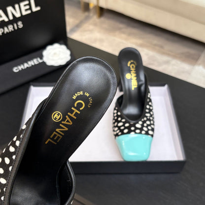 Chanel 2026 Pony Fur Green Square Toe Block Heel Pump Mule 672409