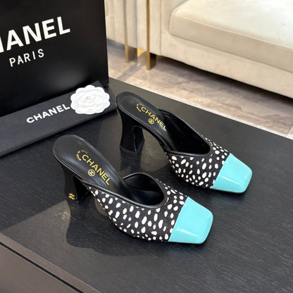 Chanel 2026 Pony Fur Green Square Toe Block Heel Pump Mule 672409