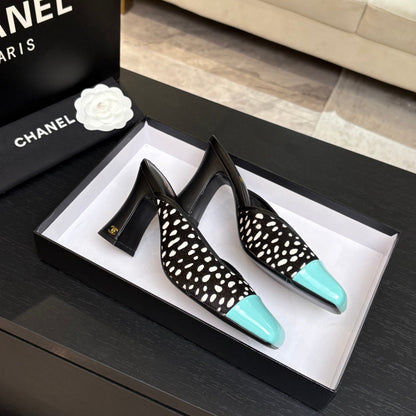 Chanel 2026 Pony Fur Green Square Toe Block Heel Pump Mule 672409