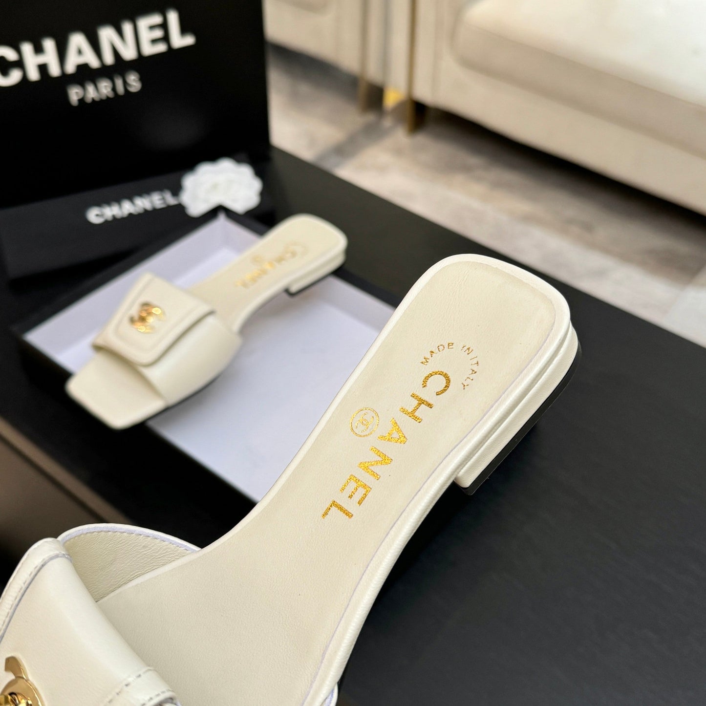 Chanel 2026  Double C Buckle Square Toe Slipper White Lambskin 673031