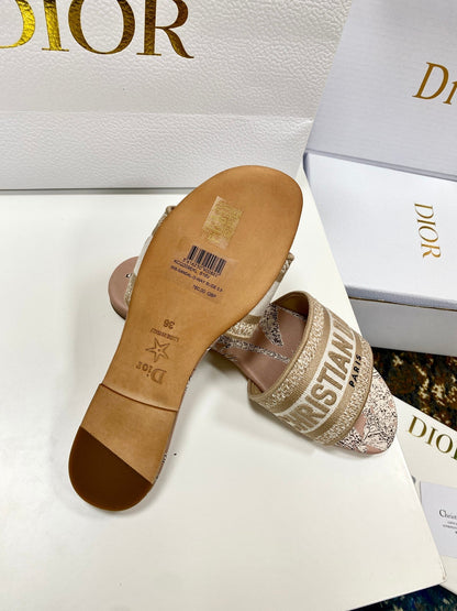 CD 26s Embroidered Sandals Pink Nude Gold Canvas Leather 683012