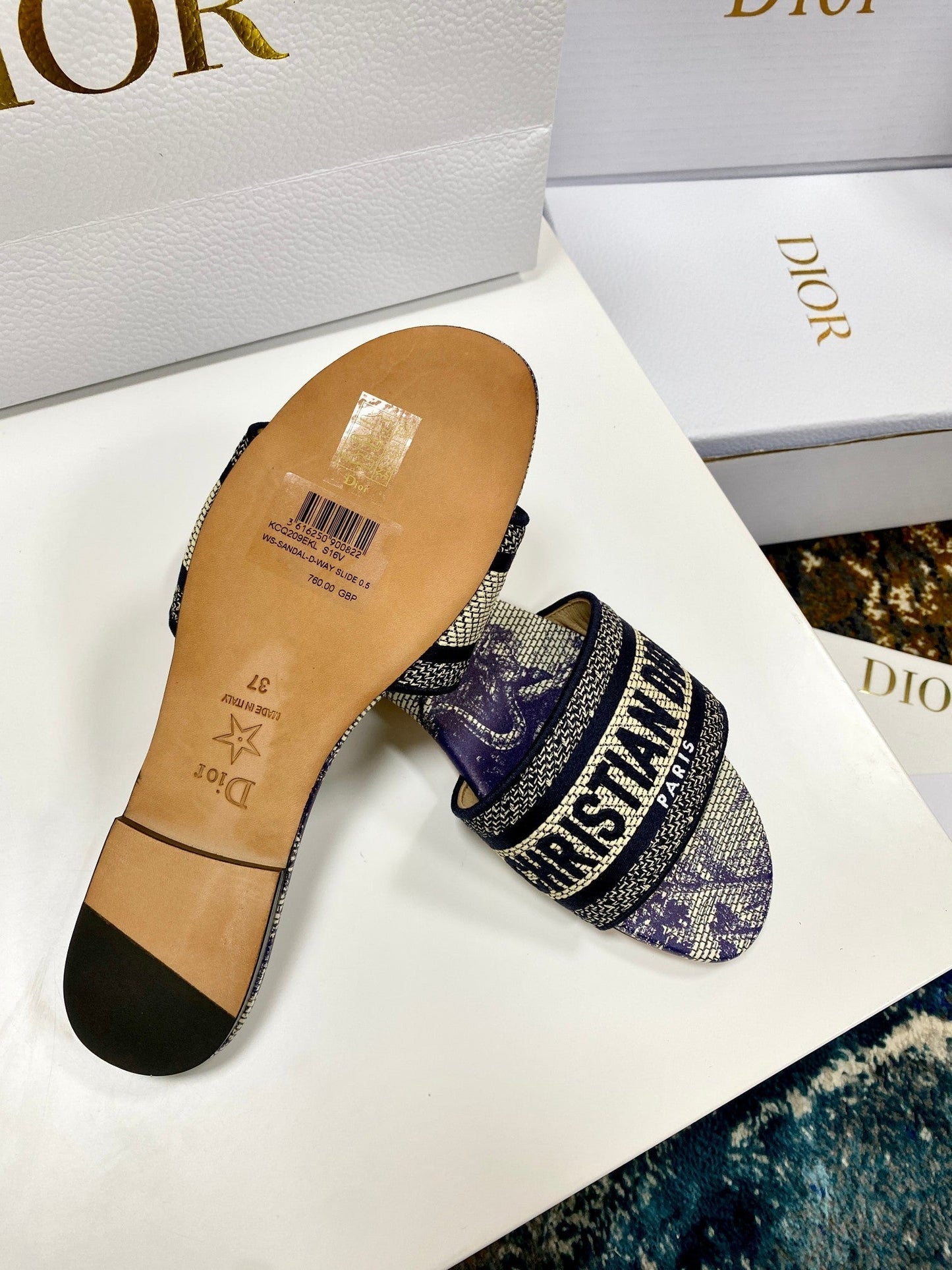 CD 26s Embroidered Sandals Purple Beige Black Canvas Leather 683016