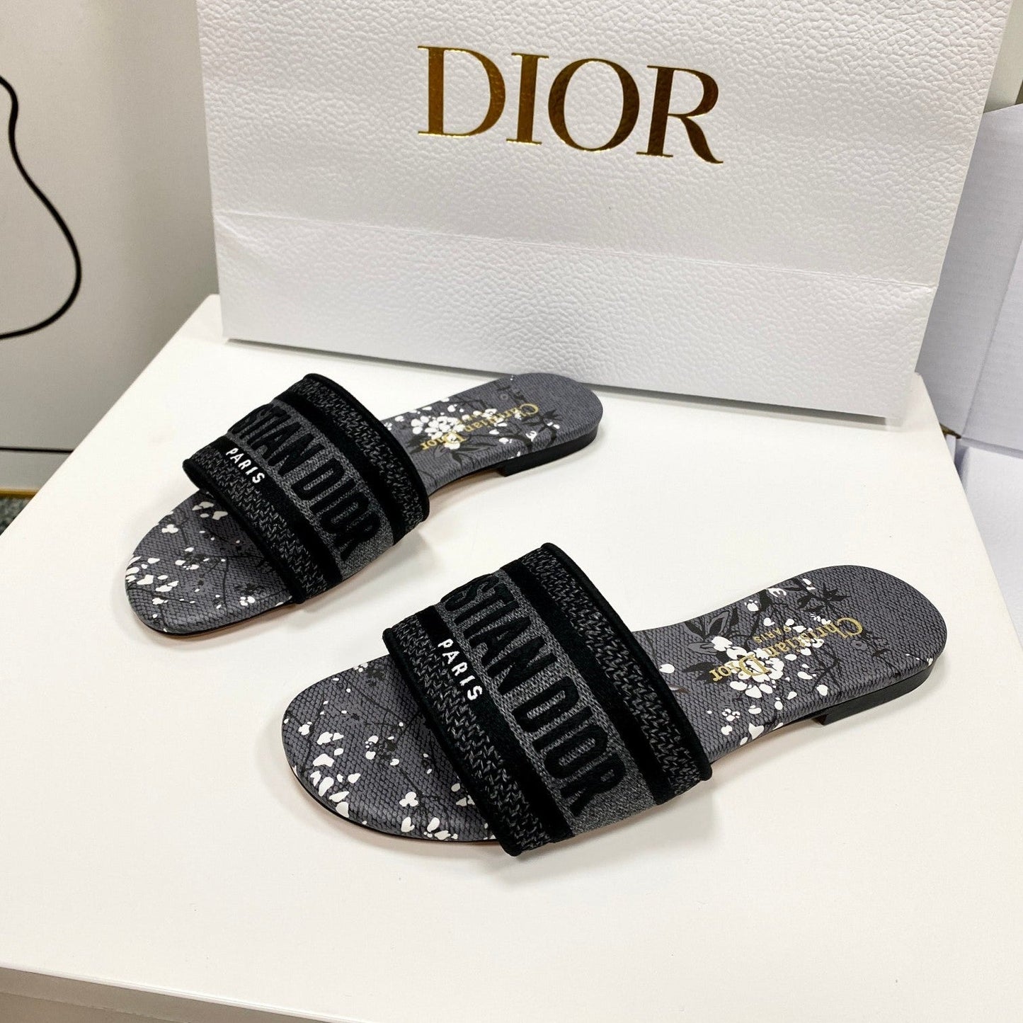 CD 26s Embroidered Sandals Gray Black Canvas Leather 683017