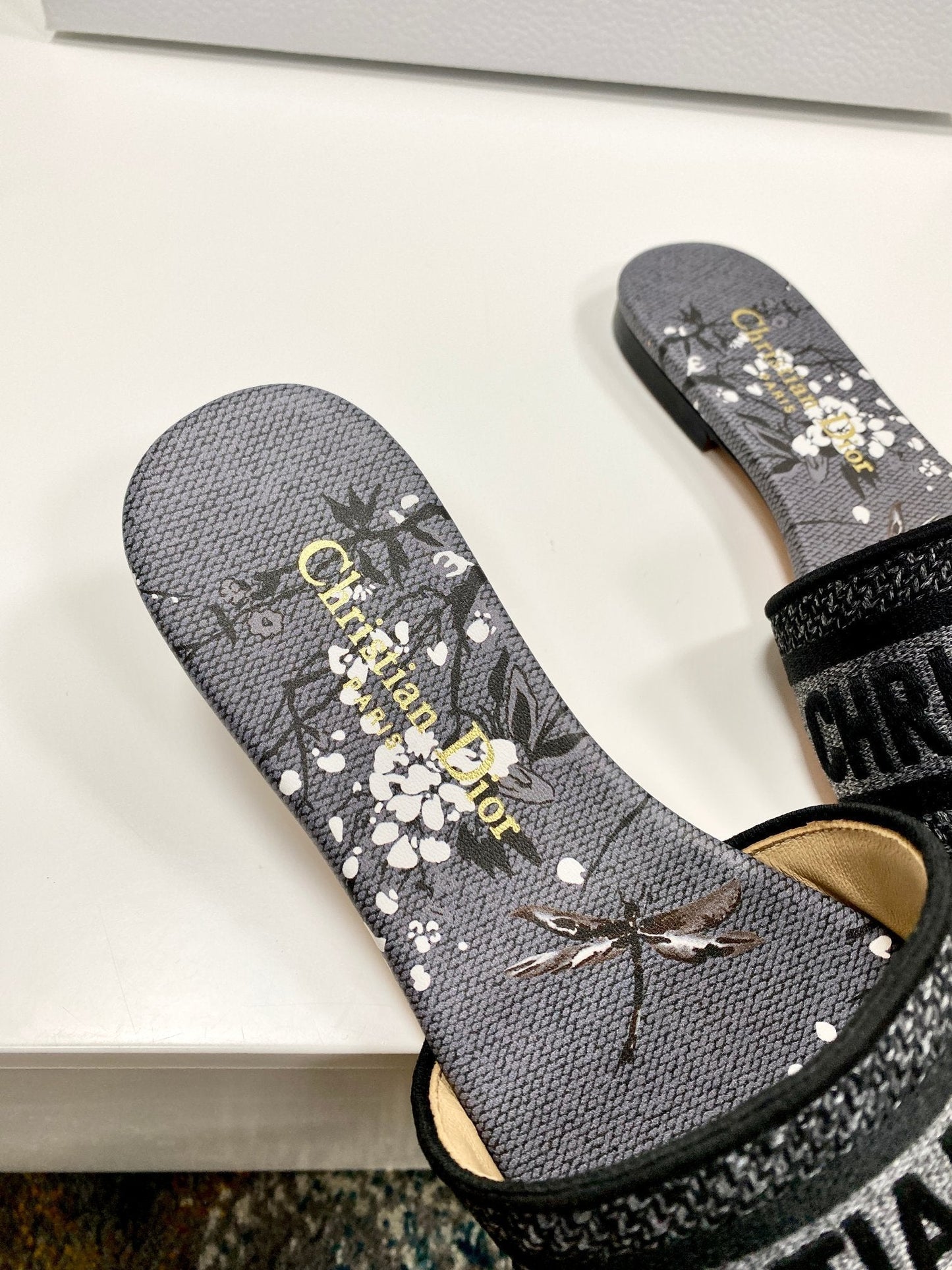 CD 26s Embroidered Sandals Gray Black Canvas Leather 683017