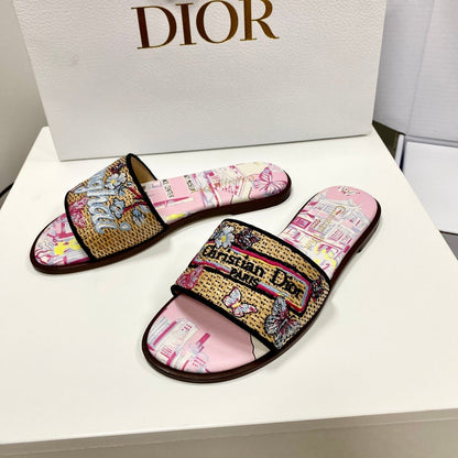 CD 26s Embroidered Sandals Pink Beige Multicolor Canvas Leather 683005