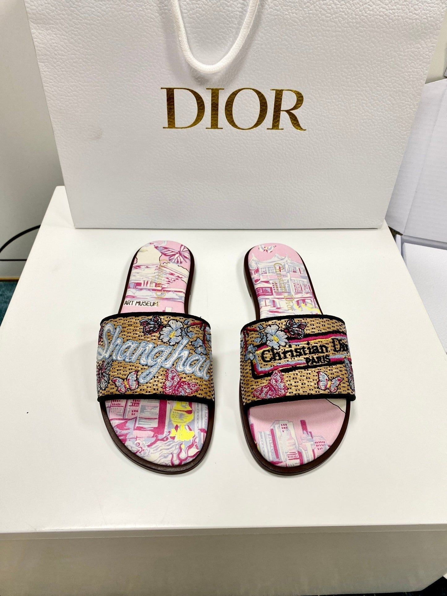CD 26s Embroidered Sandals Pink Beige Multicolor Canvas Leather 683005