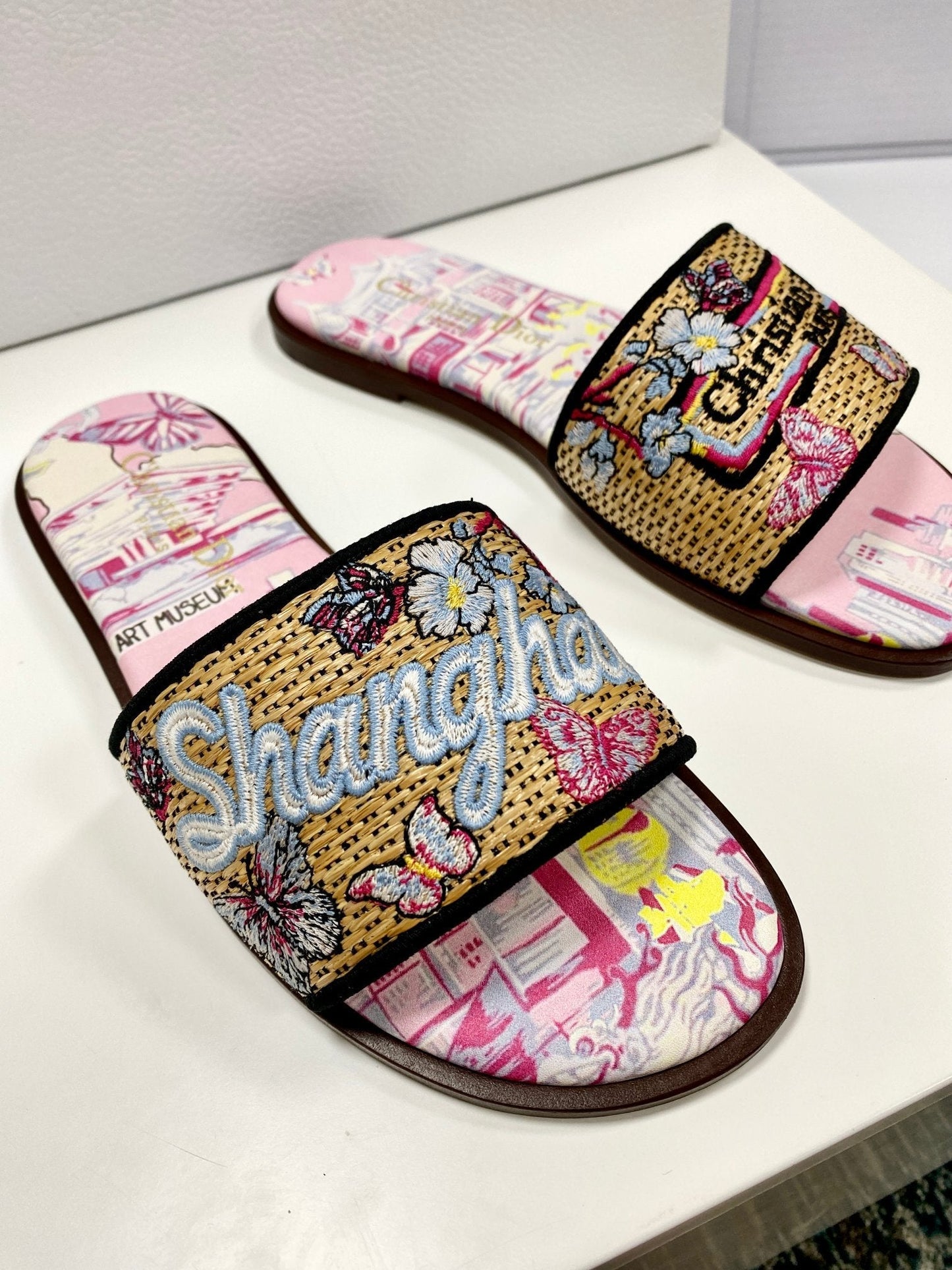 CD 26s Embroidered Sandals Pink Beige Multicolor Canvas Leather 683005