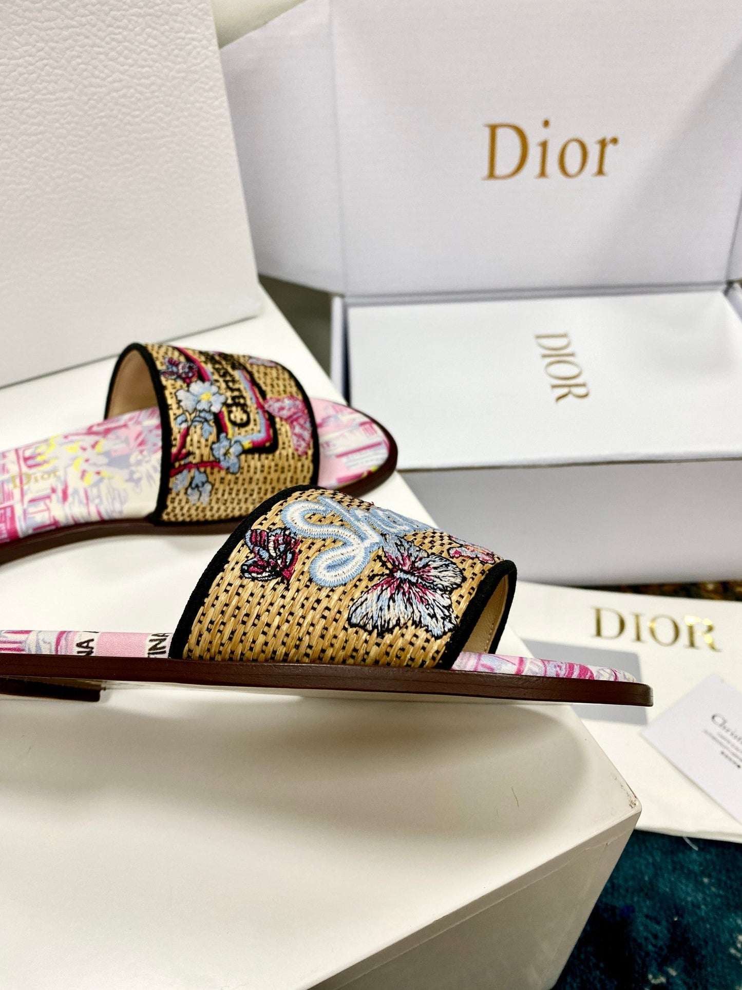 CD 26s Embroidered Sandals Pink Beige Multicolor Canvas Leather 683005