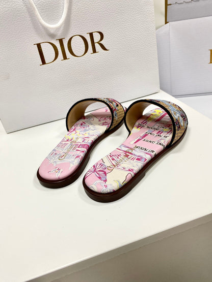 CD 26s Embroidered Sandals Pink Beige Multicolor Canvas Leather 683005