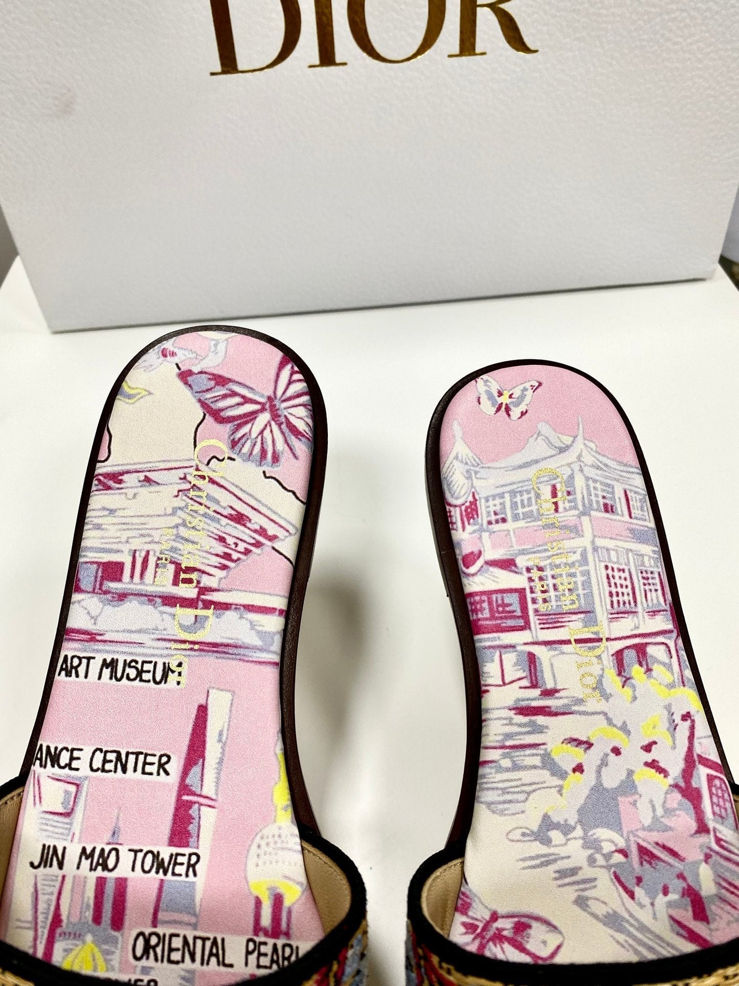 CD 26s Embroidered Sandals Pink Beige Multicolor Canvas Leather 683005