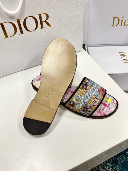 CD 26s Embroidered Sandals Pink Beige Multicolor Canvas Leather 683005