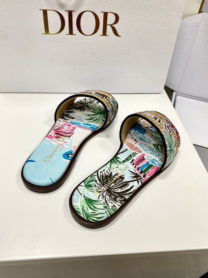 CD 26s Embroidered Sandals Blue Multicolor Canvas Leather 683006