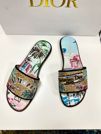 CD 26s Embroidered Sandals Blue Multicolor Canvas Leather 683006