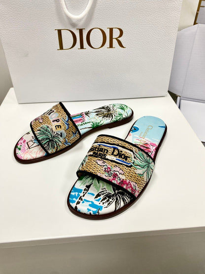 CD 26s Embroidered Sandals Blue Multicolor Canvas Leather 683006
