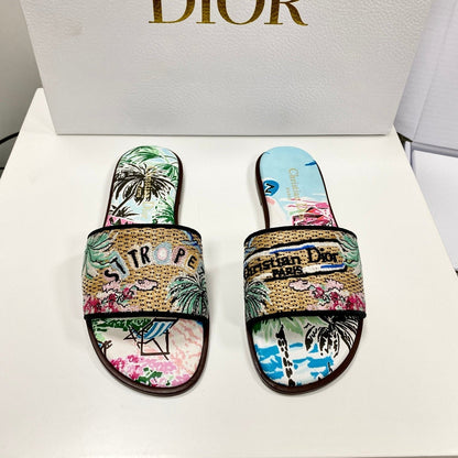 CD 26s Embroidered Sandals Blue Multicolor Canvas Leather 683006